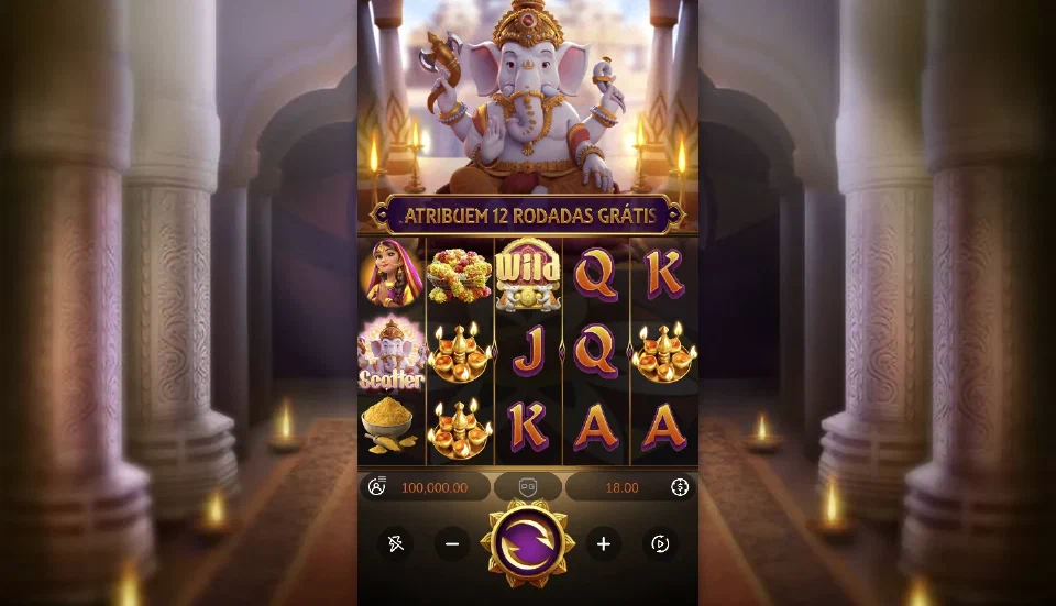 Interface do demo de Ganesha Gold: cinco cilindros, três posições e os controles de aposta.