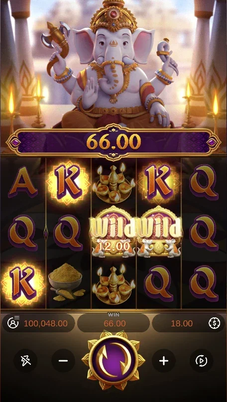 Exemplo de resultado no demo de Ganesha Gold com Wild nos cilindros centrais.